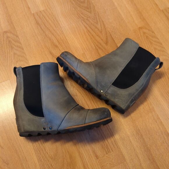 Sorel Lea Wedge Ankle Boots Womens 7 Gray Leather Slip On Waterproof Heel - Picture 5 of 7